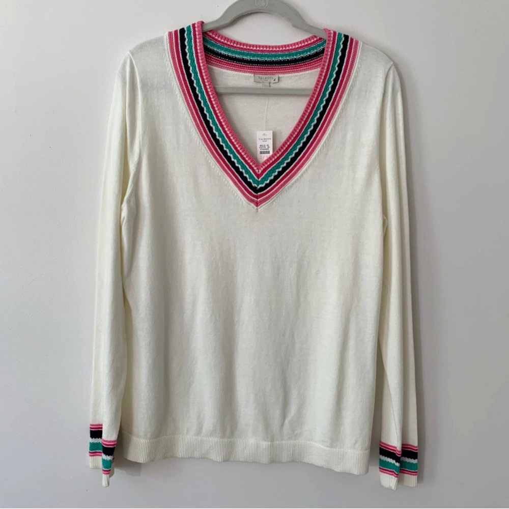 Talbots Pull-Over Knit Sweater Top L Cream Crochet V-Neck Long Sleeves CN4982